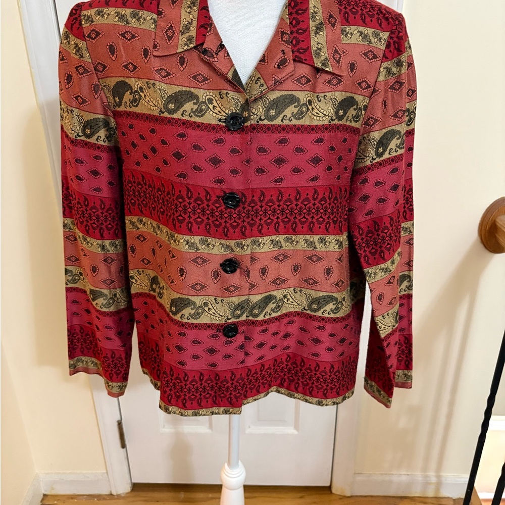 Coldwater Creek Red and Gold Patterned Button-Front Jacket